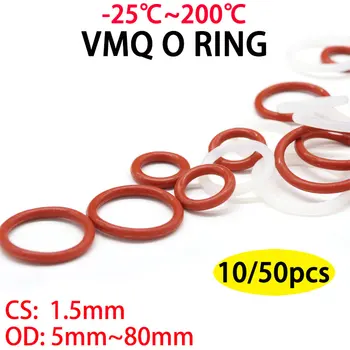  10 / 50pcs VMQ бял / червен силиконов O пръстен уплътнение OD 5 ~ 80mm CS 1.5mm хранителна водоустойчива шайба кръгла O форма гумен силиконов пръстен