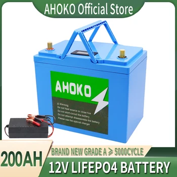 12V 200Ah LiFePO4 литиево-железен фосфат акумулаторна батерия Bulit-in BMS за открит къмпинг голф количка Слънчево съхранение + зарядно устройство