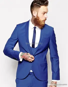 2016 Гореща продажба по поръчка Royal Blue младоженец смокинги шал ревера мъжки сватбени костюми тънък годни един бутон Groomsmen костюми с панталон