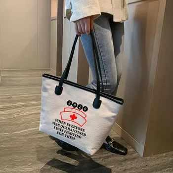 2020 Медицинска сестра смешно отпечатани платно голяма пазарска чанта рамо чанта медицинска сестра подаръци