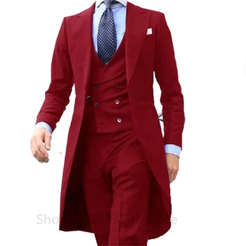 2023 Нови Arrivel дълго палто дизайни китайски червени мъже костюм нежни мъжки смокинг абитуриентски блейзър обичай 3 парчета (яке + жилетка + панталони)