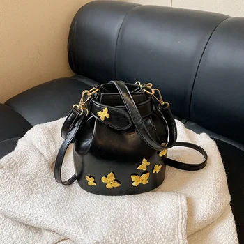 2024 Реколта черни дамски Crossbody чанта пеперуда апликация Pu кожа елегантен рамо чанта готически хип-хоп пънк стил чанта