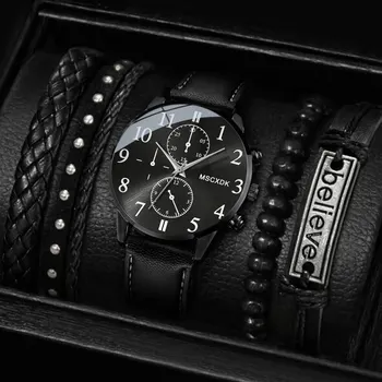 5PCS Комплект Модни мъжки спортни гривни Часовници за мъже Военни кварцови ръчни часовници Класически мъжки ежедневни кожени часовници Reloj Hombre