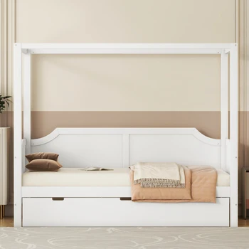 90x200cm единичен размер дървен балдахин дневно легло, единично легло, детско легло, бебешко малко легло, с чекмедже за съхранение, легло за съхранение