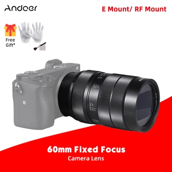 Andoer 60mm обектив с фиксиран фокус MF пълноформатен обектив на камерата F2.8 Голяма бленда с E-Mount / RF монтаж за Sony Canon