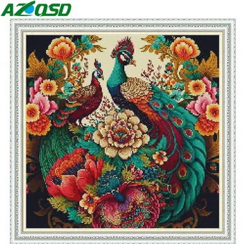 AZQSD кръстат бод паун животински бродерия цвете божур DIY ръчно изработени печатни ръкоделие 50x50cm 11CT декорация на дома