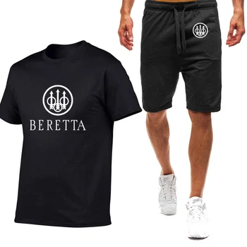 Beretta огнестрелни оръжия мъжки нови летни горещи продажба печатни модни спортни облекла къс ръкав памук тениска върховете и шорти 2-парче костюми