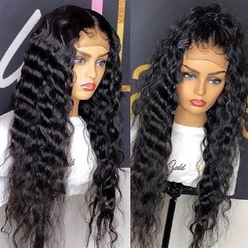 Black Long 180% плътност Deep Wave дантела предна перука за черни жени Бебешка коса Мека 26inch Glueless Preplucked Daily Cosplay