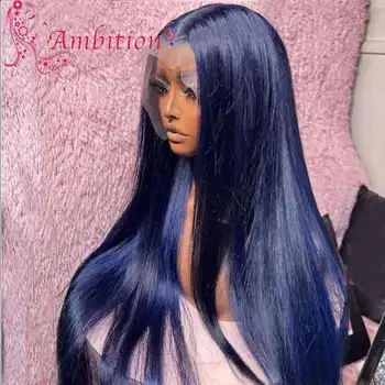Blue висока топлина Синтетични влакна 13x6 Безлепни дантелени предни перуки 180% пълна плътност Preplucked Blue вълнообразна прозрачна коса дантелени перуки