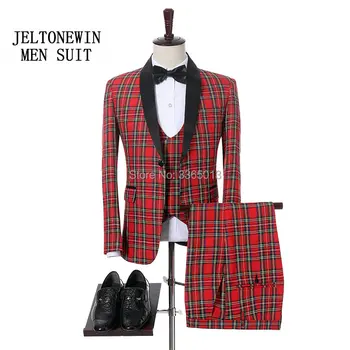 Brand Suit Men 2018 Нова мода Официален 3 броя Tuxedo шал ревера червено каре младоженец костюми сватбена рокля тънък годни Terno Masculino