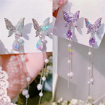 Butterfly дълги пискюл обеци за жени циркон перла капка обеци преувеличени обеци мода парти сватба висулка обеци