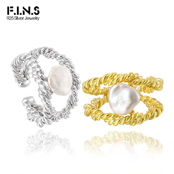 F.I.N.S Корейски S925 стерлинги сребърен пръстен двоен слой обрат въже бароков сладководна перла отворен регулируеми пръст фини бижута