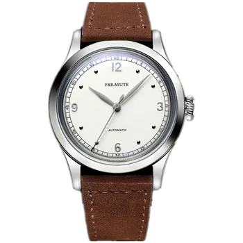 FARASUTE Мъжки автоматичен часовник 38 мм луксозни реколта часовници механични ръчен часовник извити огледало кожена каишка Дата 821A