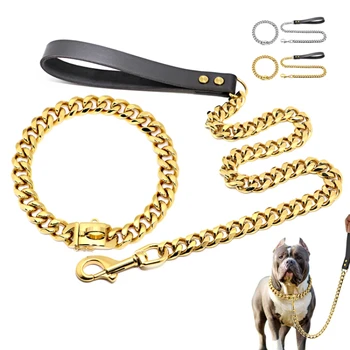 Gold Chain petstar Dog Collar хардуер Heavy Duty неръждаема стомана домашен любимец кубински Link питбул куче яка верига куче яка и каишка