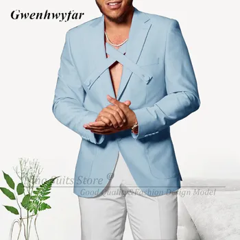 Gwenhwyfar 2023 смесен цвят мъже костюми уникален дизайн кръст колан мъж яке groosmen парти смокинги небесно синьо блейзър бели панталони