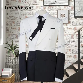Gwenhwyfar Черно и бяло Два цвята Мъже Бизнес костюми 2021 Поръчкови джентълмени парти Абитуриентски бал Смокинги Мода Комплект от 2 части