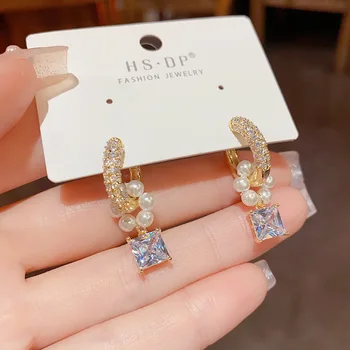 Korea&Японски стил бижута кристал геометрични Stud обеци за жени модни аксесоари деликатни перлени цветни мъниста обеци