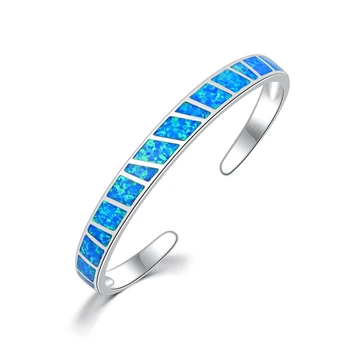 KSRA Blue Fire Opal Stone Open Bangles Посребрени Регулируеми минималистични гривни Бижута Най-добрите подаръци за момичета жени