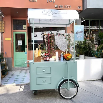 Macron Green Hand Push Cart Outdoor Street Mobile Плодове Вендинг количка за храна с лого на балдахин може да бъде персонализирана