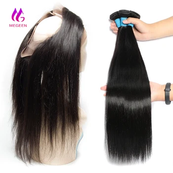 Megeen Hair 360 дантела фронтална с връзки Remy човешка коса 2 3 снопчета с фронтална перуанска кост прави снопове с фронтална