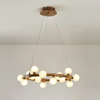 Nordic ретро дървени клонки LED полилей за трапезария кухня таван висулка лампа пръстен топка висящи светлинаВсекидневна спалня