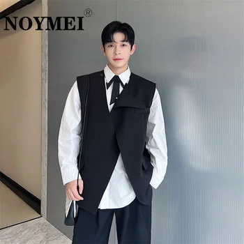 NOYMEI 2024 Есен корейски асиметричен диагонал сплит дизайн костюм жилетка мъже жилетка черна мода всички мач без ръкави WA2919