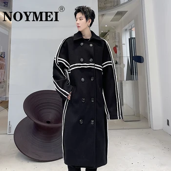 NOYMEI Тренч контраст цвят дълга дължина Bordure отворена тел линия черен модерен корейски мъжко палто зимни ветровка WA2487