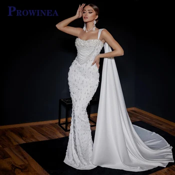 Prowinea модна русалка вечерна рокля за жени О-образно деколте мъниста без ръкави сатен почистване влак Vestidos де Noche персонализирани