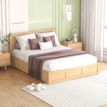 QUEEN / Легло с дървена платформа в пълен размер с под съхранение и 2 чекмеджета, цвят на дърво