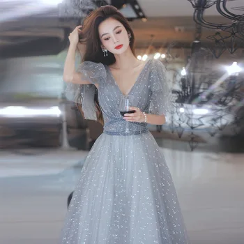 Sequins Gray Cheongsam Summer New Women Sexy Evening Party Dress Slim Tight Maxi Gown Elegant A-Line Qipao Vestidos