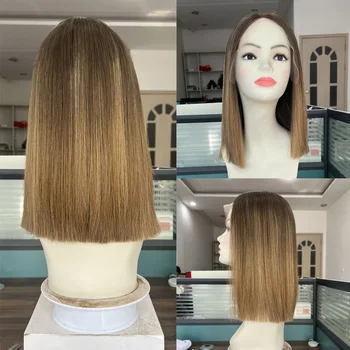 Sliky Straight Human Hair Lace Top Wigs DW Honey Blonde Highlight Color Virgin Hair Lace Top Wig Short Bob Length Lace Wigs