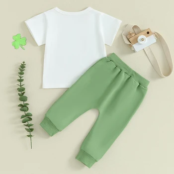 St Patrick s Day Outfit for Toddler Boys Girls Clover Print Тениска с къс ръкав Ластик Дълъг панталон Комплект