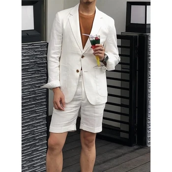 Summer Beach Linen Men Suits With Short Pant Custom Wedding Groom Prom Terno Masculino Slim Fit Blazer 2 броя яке + панталон