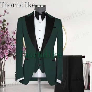Thorndike 3Pcs Мъжки костюми Комплект Персонализиран тъмнозелен костюм за сватба (яке + панталони + жилетка) Костюми Hommes младоженец Официален смокинг яке
