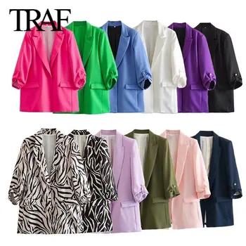 TRAF Дамско модно яке пролет есен нов рол-ръкав шик женски джобни блейзъри костюм палто Mujer