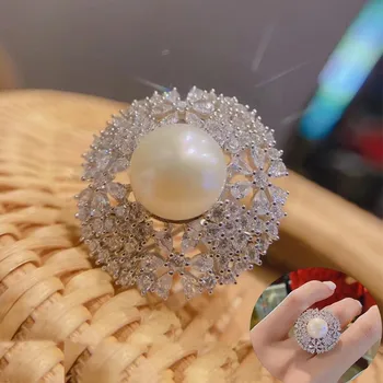 UILZ мода големи геометрични перлени павирани пръстени за жени парти 2023 Нови бижута личност изявление отворен пръстен регулируема Bijoux