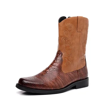 Western Cowboy Boot Висококачествена бродирана ретро цип Висока Топ Работни ботуши Мода Естествена кожа Leisure Man обувки
