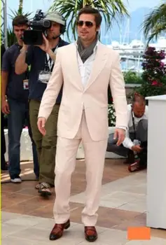 Бежови мъжки костюми с върхов ревер по поръчка на мъже Tuxedos Custome Homme Slim Fit сватбени костюми 2 броя (яке + панталони)