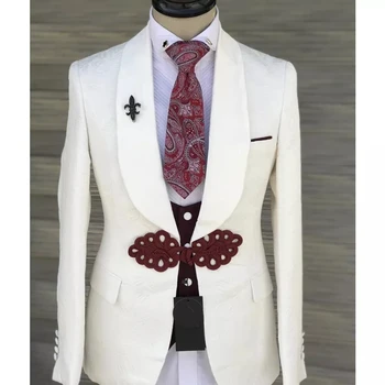 Бели флорални печатни костюми за мъже 3 части костюм Homme брак сватба официален бизнес младоженеца Tuxedo Slim Fit Blazer Masculino