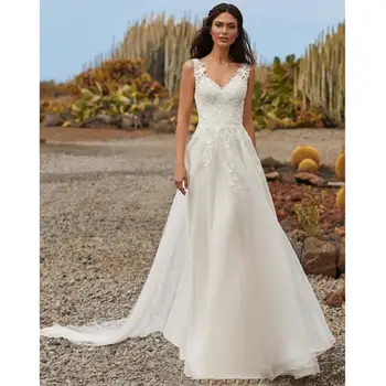 Бохемски V-образно деколте сватбени рокли White Sweep Train A Line Sleeveless Lace Applique For Women Tulle Bridal Gowns Vestidos De Novia