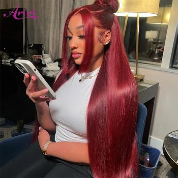 Бургундска дантелена предна перука 13x4 пълна дантела фронтална човешка коса перуки за жени предварително оскубана червена цветна коса 99J прави дантелени перуки