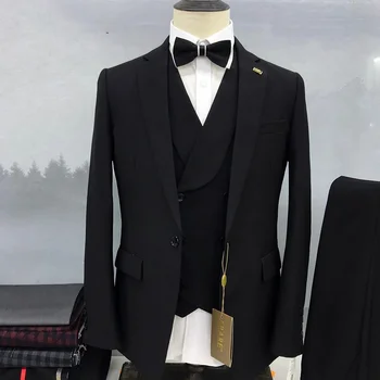 Високо качество на мъжкото облекло костюми нетактичност черен персонализирани цвят прорез ревера еднореден 3 парче яке панталони жилетка тънък годни