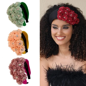 Голям широк буци цветя лента за глава за дамска коса мода страна елегантен доста фестивал флорални лента за коса за момичета парти бижута