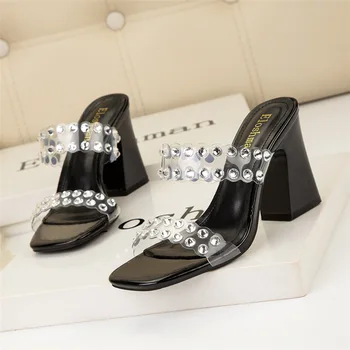 Дамски чехли 2023 Лятна мода Кристална прозрачна лента Високи токчета Сандали Женски открит отворен пръст приплъзване парти рокля обувки