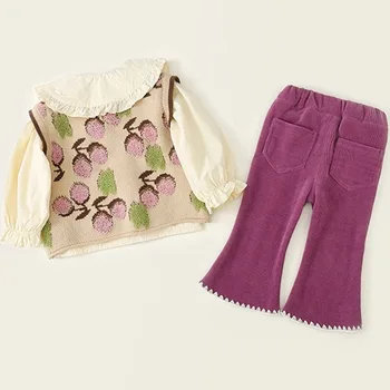 Детско облекло през пролетта и есента Комплект от три части Детска плетена жилетка Момичета Ежедневни панталони Малък и среден костюм