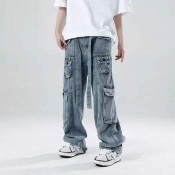 Еластична права тръба мъжки дънки High Street Jeans Multi джобове реколта хлабав работно облекло случайни дънкови панталони за мъжка мода 2023