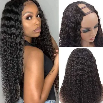 естествен черен бразилски човешки коса U ЧАСТ перуки средна част дълбока вълна къдрава човешка коса перука за черни жени