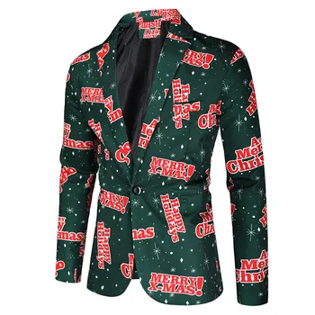 Коледен костюм за печат Ежедневно палто Тънък Fit Blazer Блейзъри Парти яке костюм Мода Мъжки копчета костюм