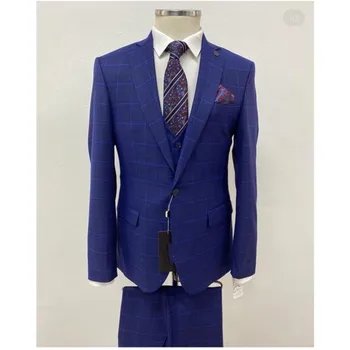 Костюм Homme Blue Plaid мъже костюми Notch ревера 1 бутон младоженец смокинги абитуриентски бал Terno Masculino Slim Fit Blazer 3 бр яке + панталон + жилетка