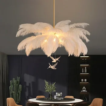 Луксозен LED щраус птица перо полилей лампа бял хол таван светлина дома декорация висящи осветителни тела